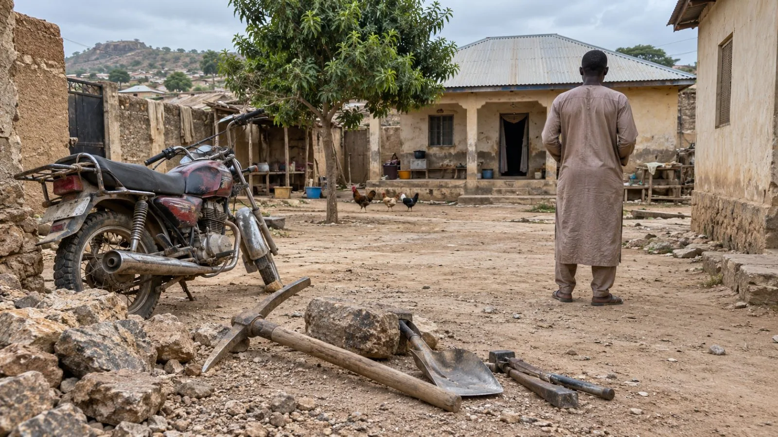 Mining tools sit beside a motorcycle at a family compound in Minna, Niger State, Nigeria (AI-generated image / EconoTimes)