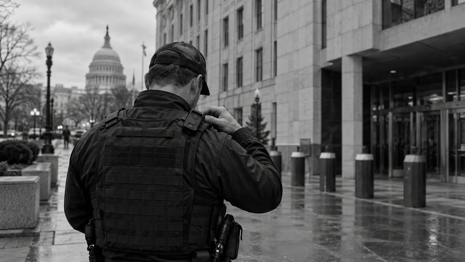 An anonymous visitor approaches the Deschutes County courthouse in Bend, Oregon. / EconoTimes.ai (mono)