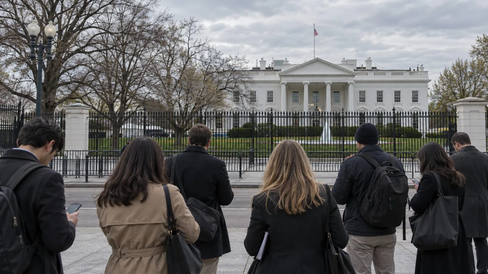 Journalists gather outside the White House in Washington, D.C., on an overcast morning. (AI-generated image / EconoTimes)