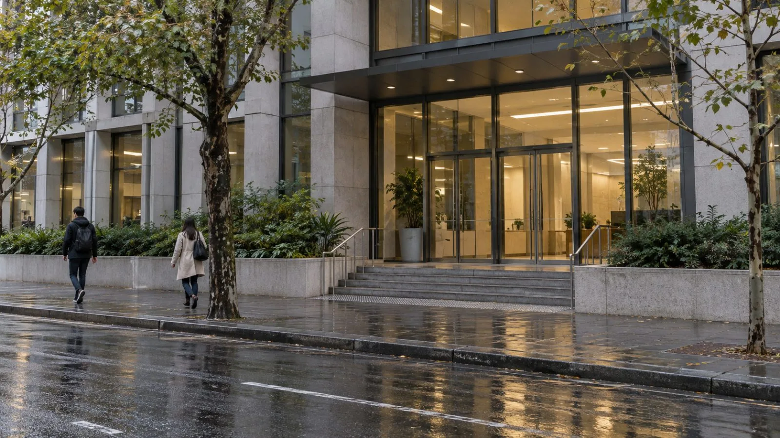 Pedestrians pass the Sax Institute entrance on a rain-darkened street in Sydney (AI-generated image / EconoTimes)