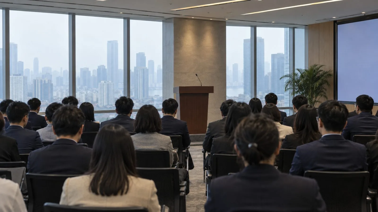 Attendees face a lectern at a Financial Street Forum briefing in Beijing, China. (AI-generated image / EconoTimes)