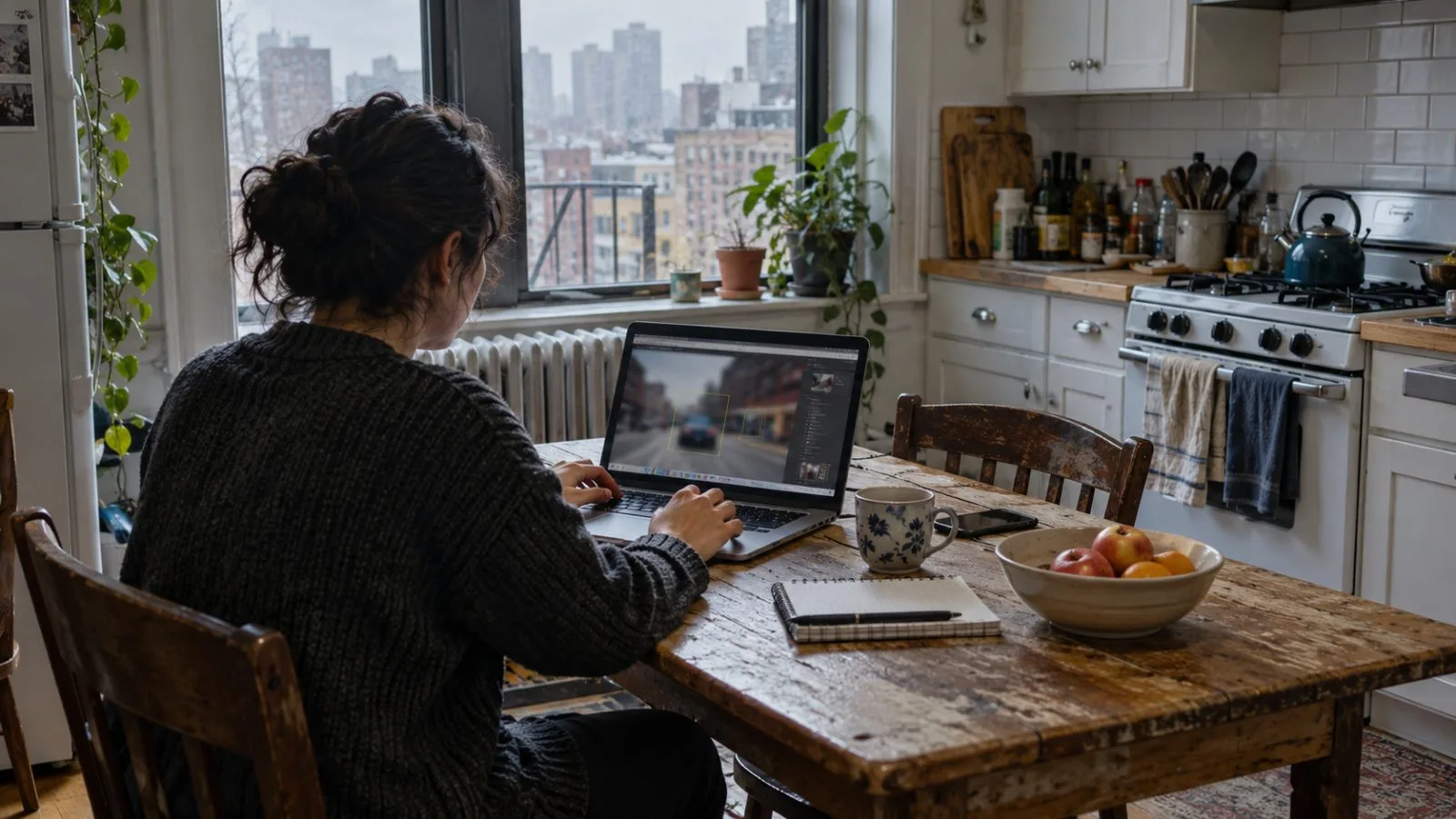 A remote contractor labels images at a kitchen table in New York City (AI-generated image / EconoTimes)