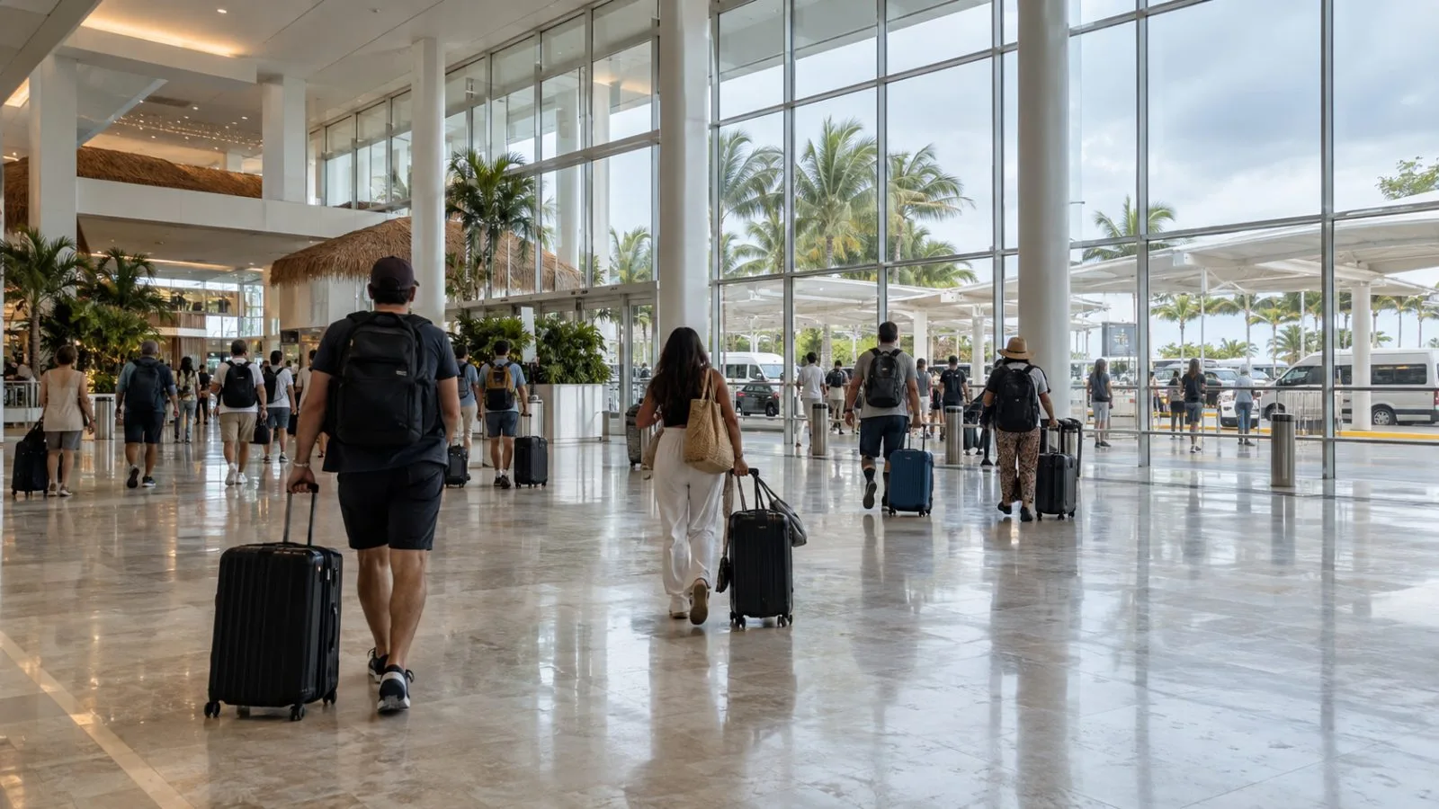 Travelers wheel suitcases through the arrivals area at Cancún International Airport in Mexico. (AI-generated image / EconoTimes)