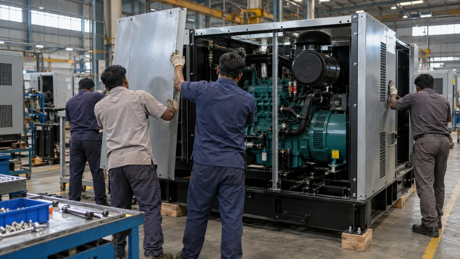 Workers assemble a diesel generator inside a factory in Bengaluru, India. (AI-generated image / EconoTimes)