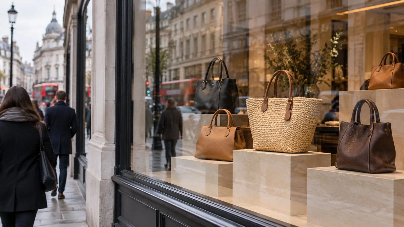 Handbags sit in a boutique window on a London shopping street. / EconoTimes.ai