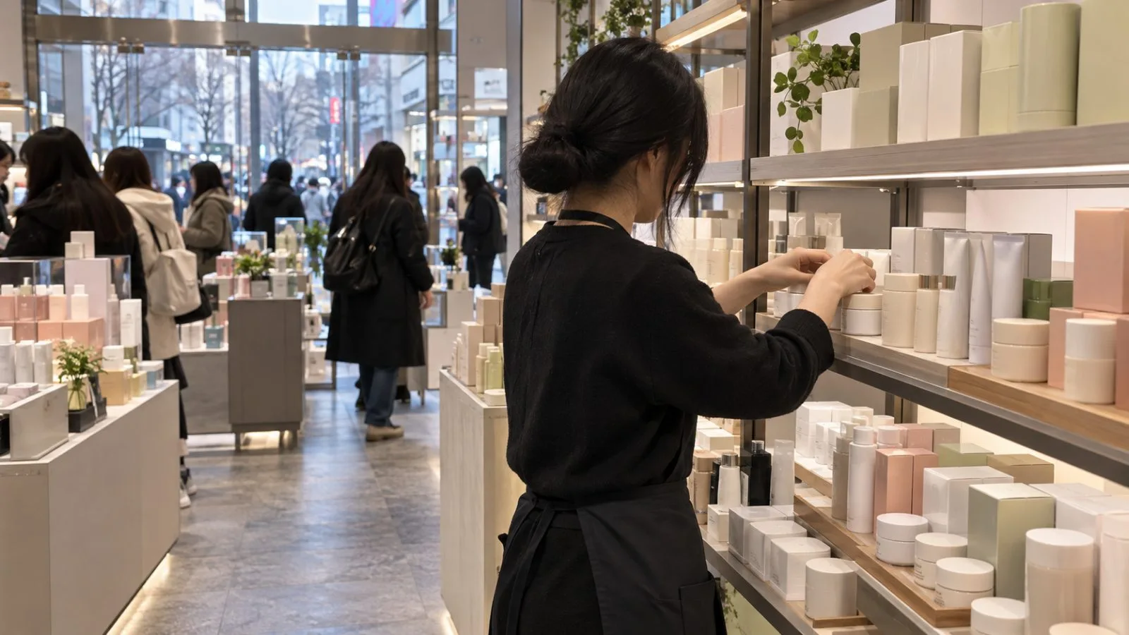 A worker arranges skincare products in a cosmetics shop in Myeongdong, Seoul. (AI-generated image / EconoTimes)