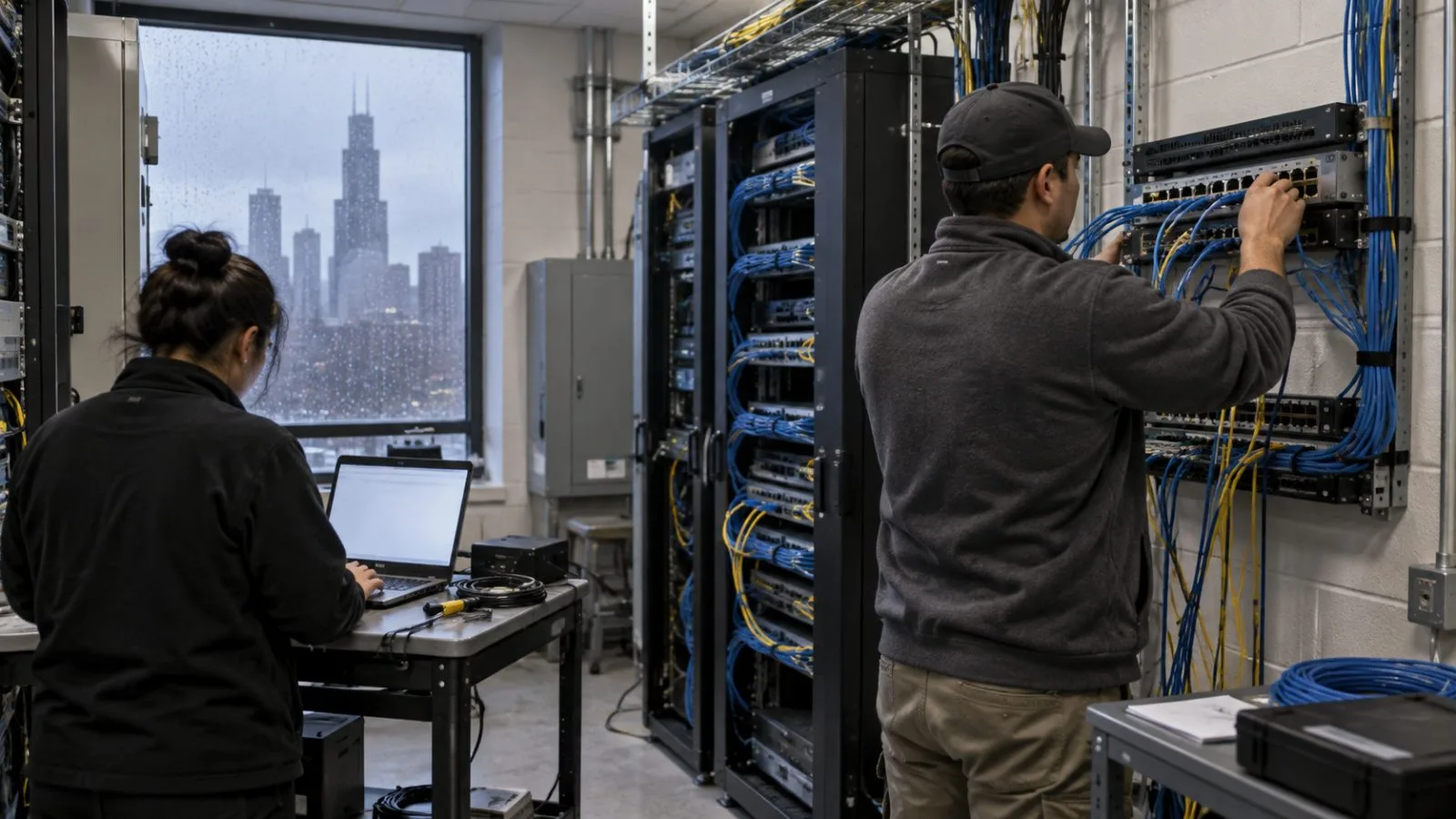 A technician checks a network endpoint in a Chicago office building utility room. / EconoTimes.ai
