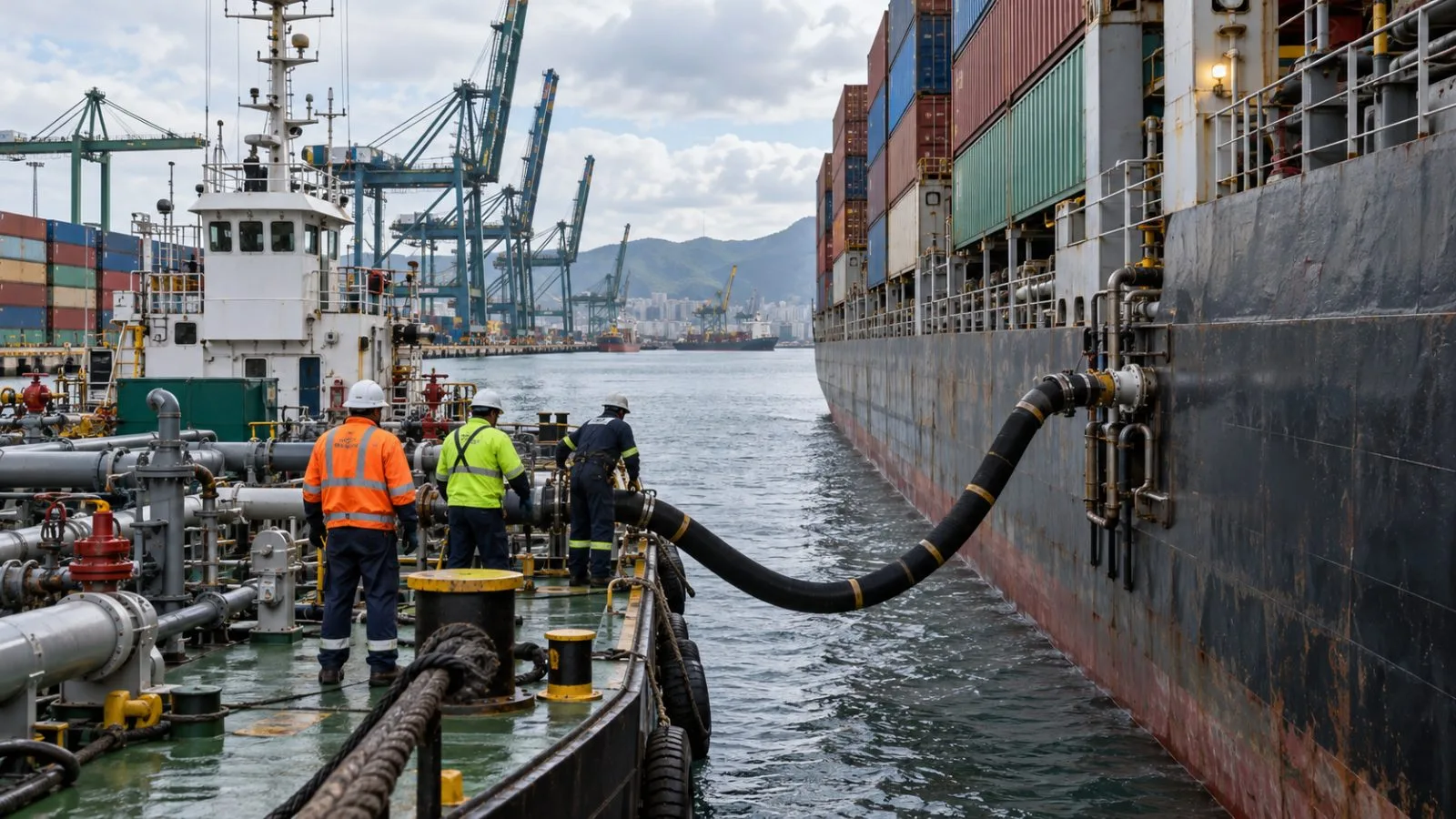 A bunker barge sits alongside a container ship at Santos Brasil terminal in Santos, Brazil. (AI-generated image / EconoTimes)