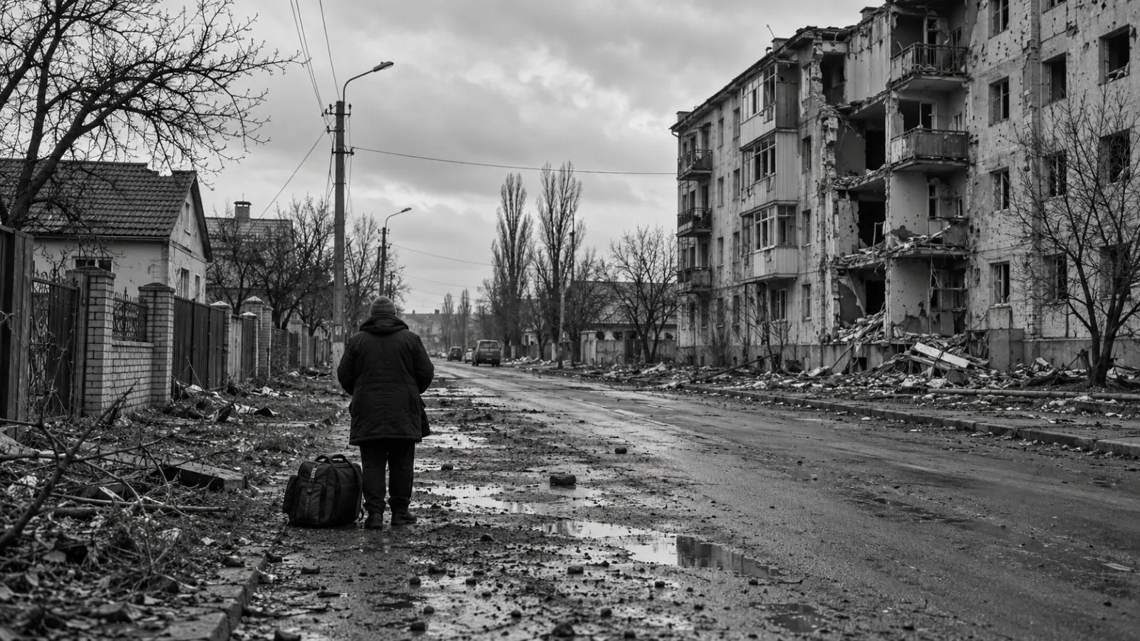 A resident stands beside a packed bag on a quiet street in Oleshky, southern Ukraine. (AI-generated image / EconoTimes)