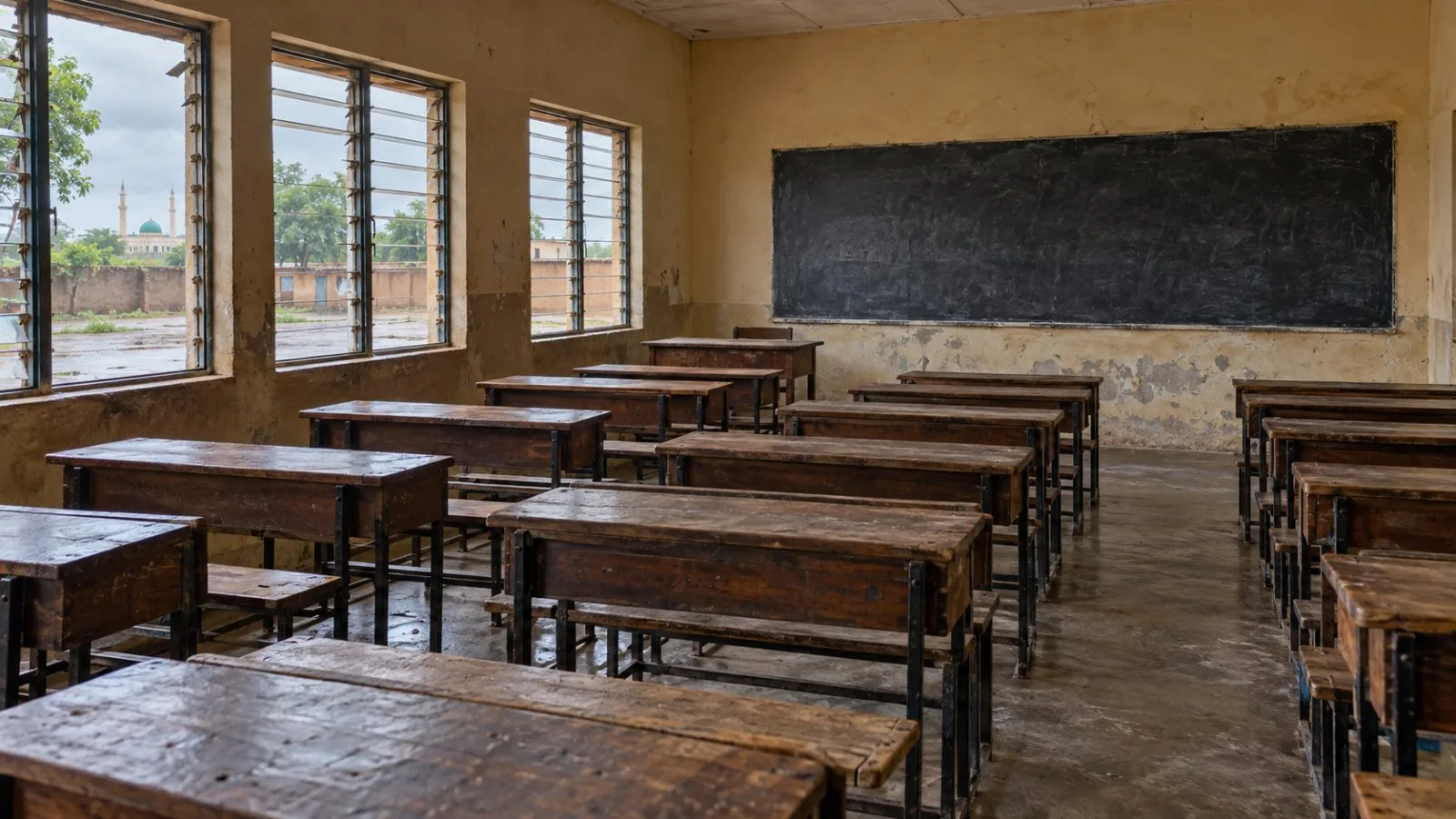 Empty desks fill a public school classroom in Kano, Nigeria, in late afternoon light. (AI-generated image / EconoTimes)