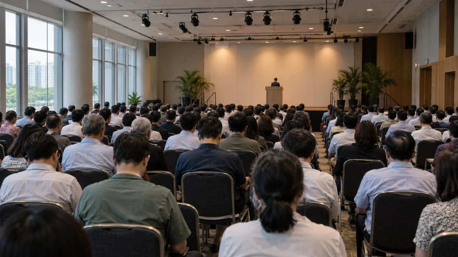 Delegates listen during a party conference in Singapore. (AI-generated image / EconoTimes)