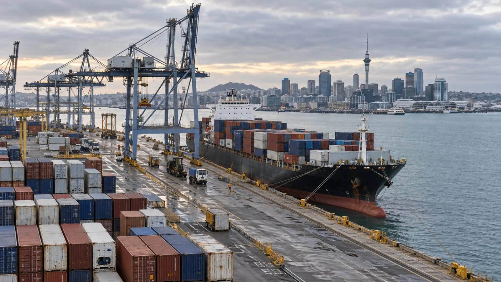 Cargo containers are stacked beside a vessel at the Port of Auckland, New Zealand (AI-generated image / EconoTimes)