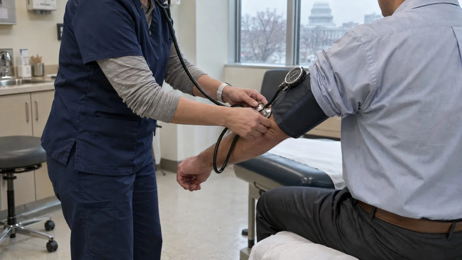 A clinician checks a worker’s blood pressure inside a federal health clinic in Washington, D.C. (AI-generated image / EconoTimes)
