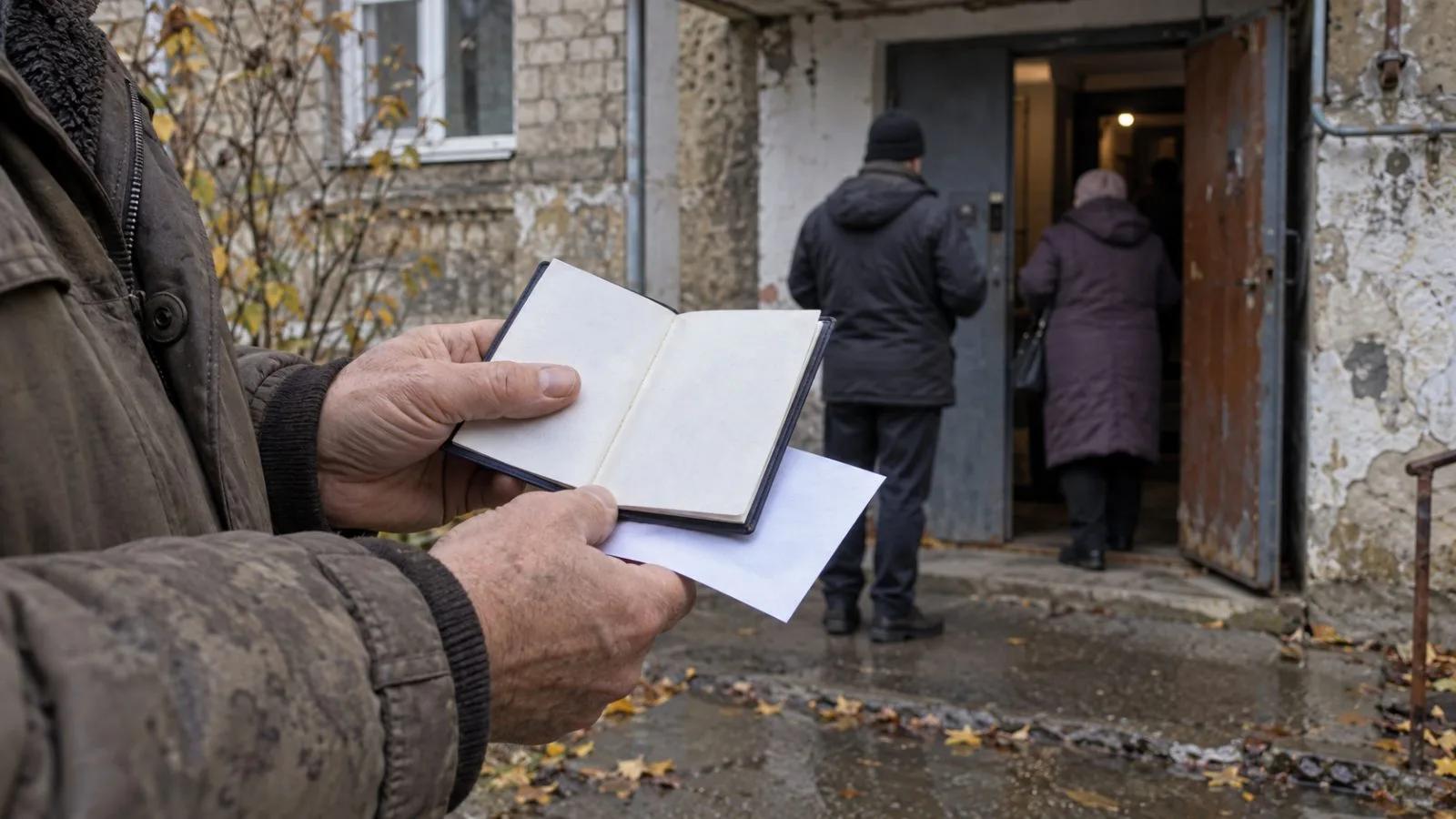 An anonymous resident presents papers at an apartment entrance in Luhansk, eastern Ukraine. (AI-generated image / EconoTimes)