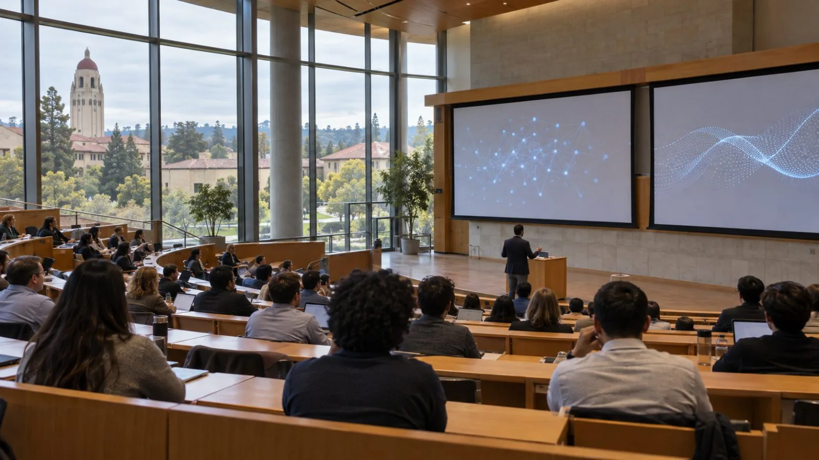 Attendees listen during an AI cybersecurity discussion at Stanford Graduate School of Business in Stanford, California. (AI-generated image / EconoTimes)