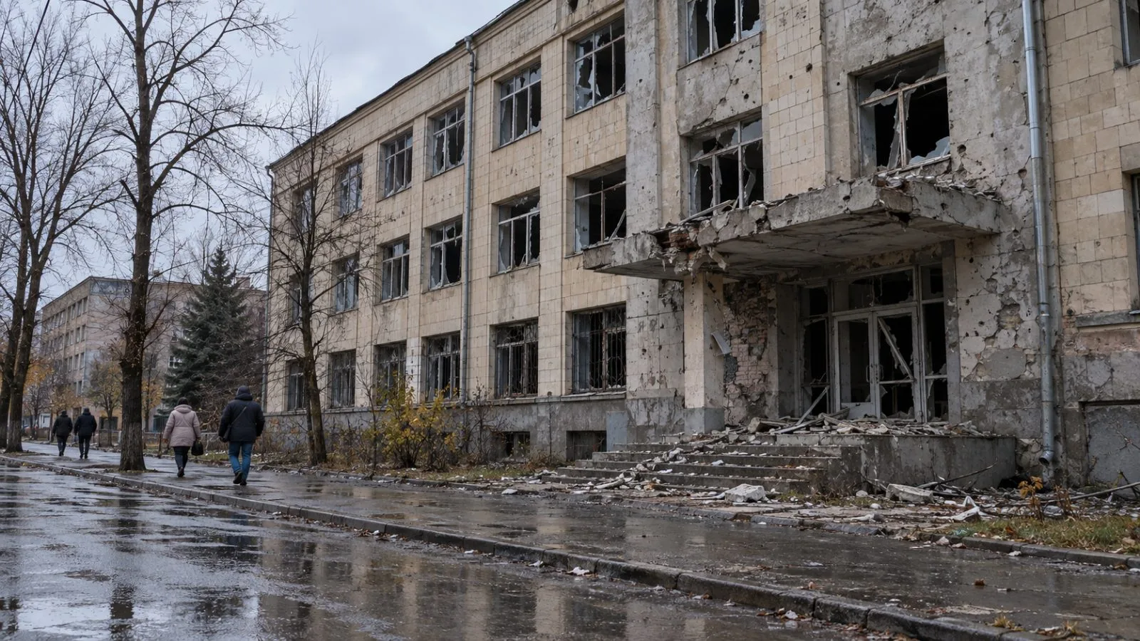 A damaged building stands along a street in Pavlohrad, Ukraine, after recent attacks. (AI-generated image / EconoTimes)