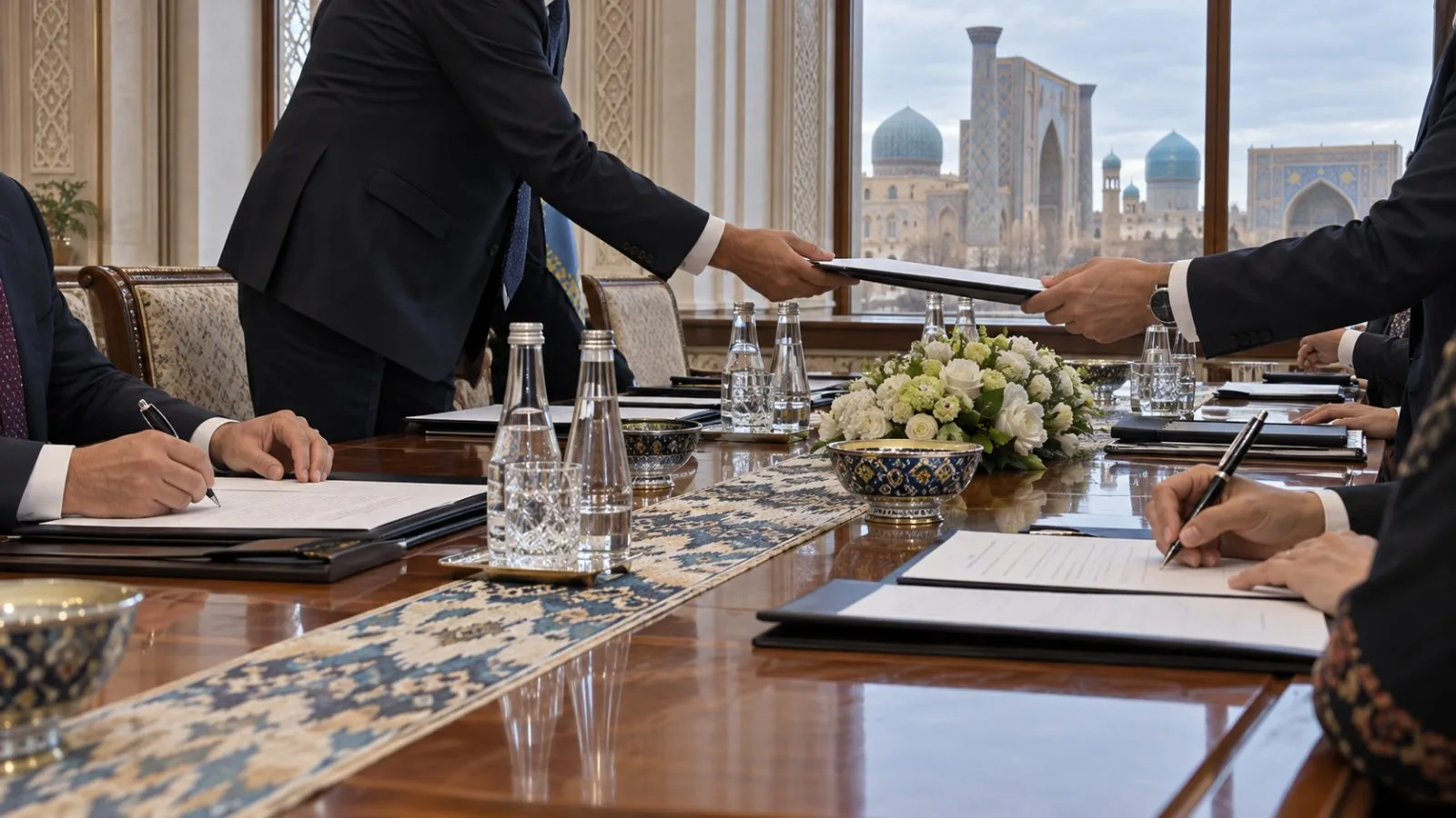 Delegates sign agreements during a bilateral business council meeting in Samarkand, Uzbekistan (AI-generated image / EconoTimes)