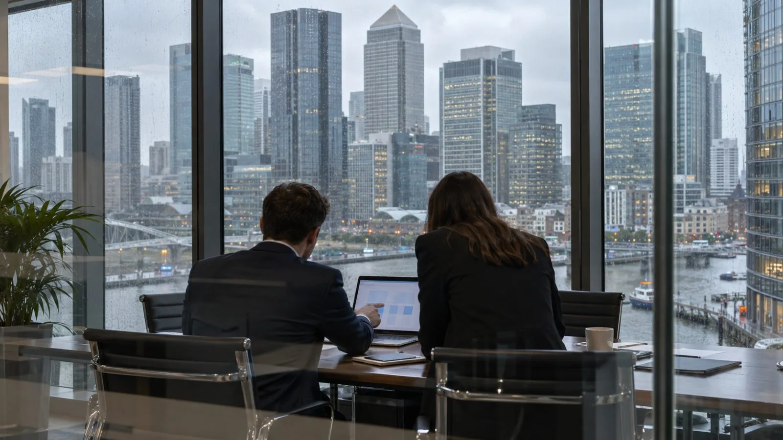 Bank risk officers examine a laptop in a Canary Wharf office in London. (AI-generated image / EconoTimes)