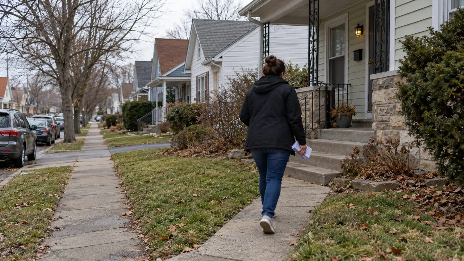 A canvasser walks toward a home on a residential block in the United States. (AI-generated image / EconoTimes)