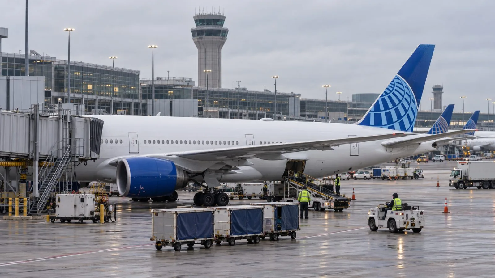 Ground workers move baggage carts beside an aircraft at Chicago O'Hare International Airport. / EconoTimes.ai