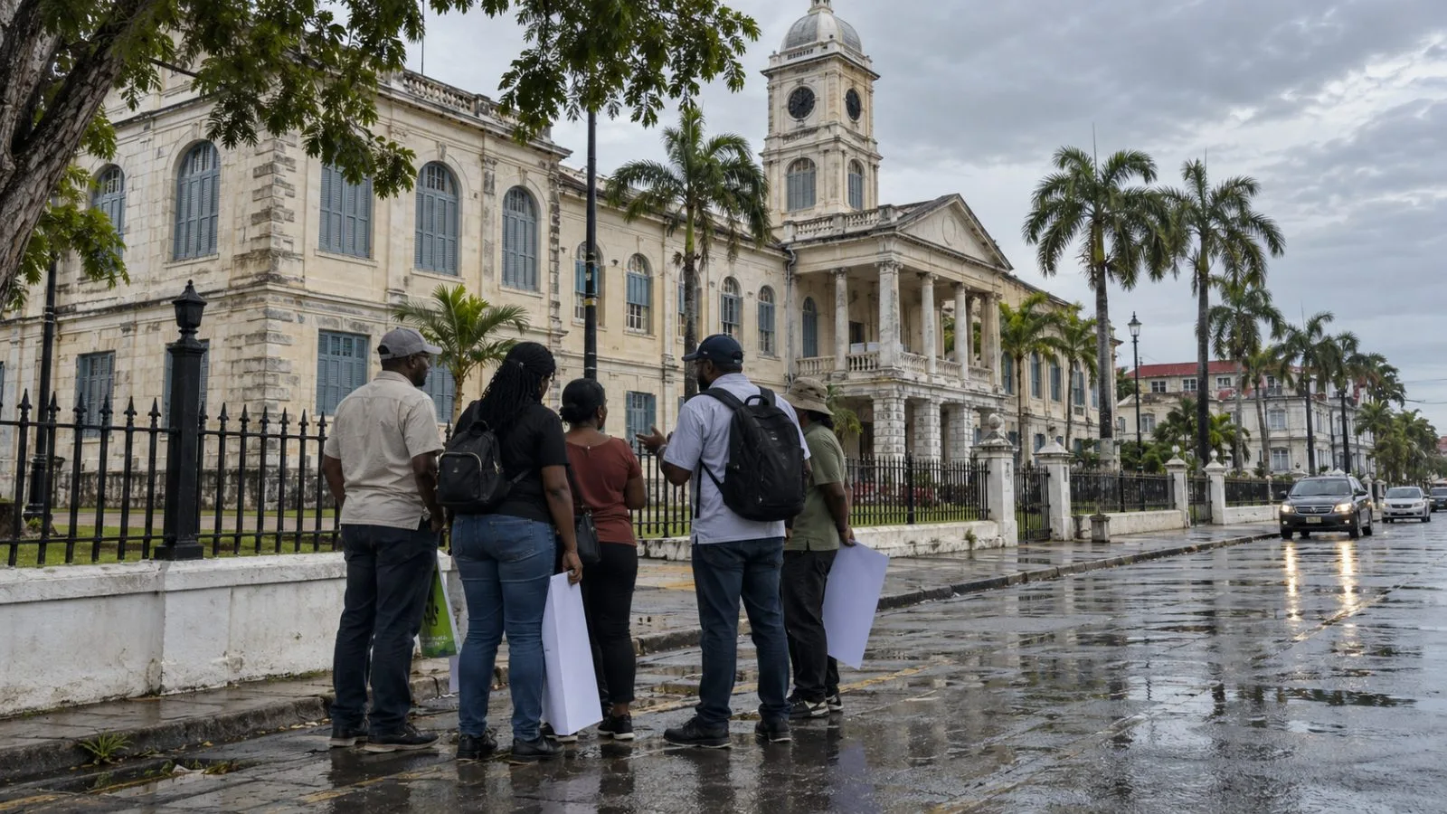 People gather outside a colonial-era government building in Georgetown, Guyana. (AI-generated image / EconoTimes)