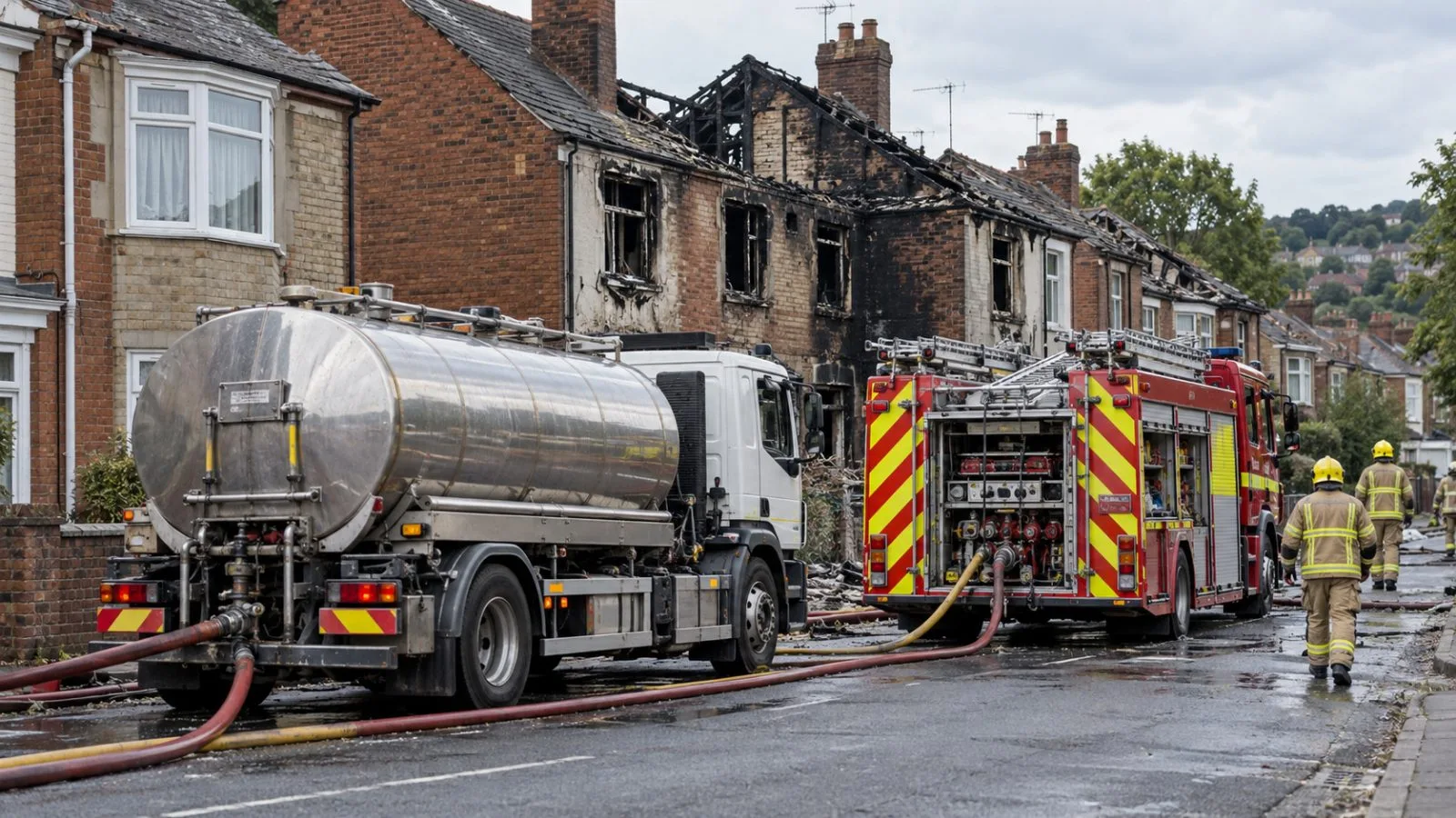 A water carrier stands beside fire-damaged homes on a residential street in Stourbridge, England (AI-generated image / EconoTimes)