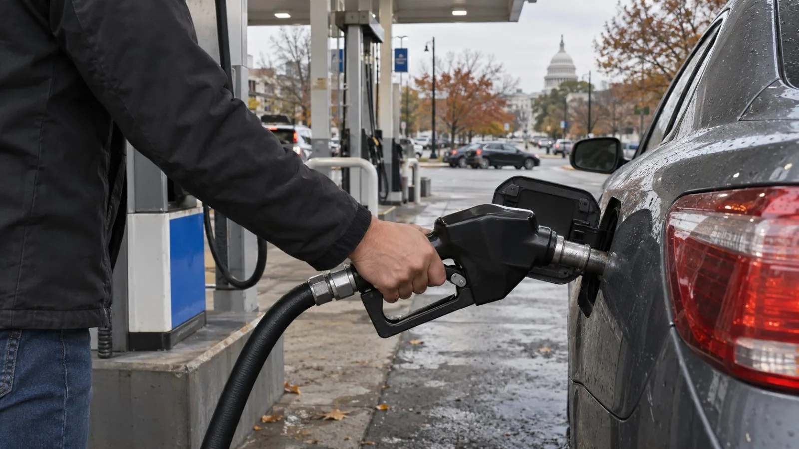 A driver refuels at a neighborhood gas station in Washington, D.C., on an overcast morning. (AI-generated image / EconoTimes)