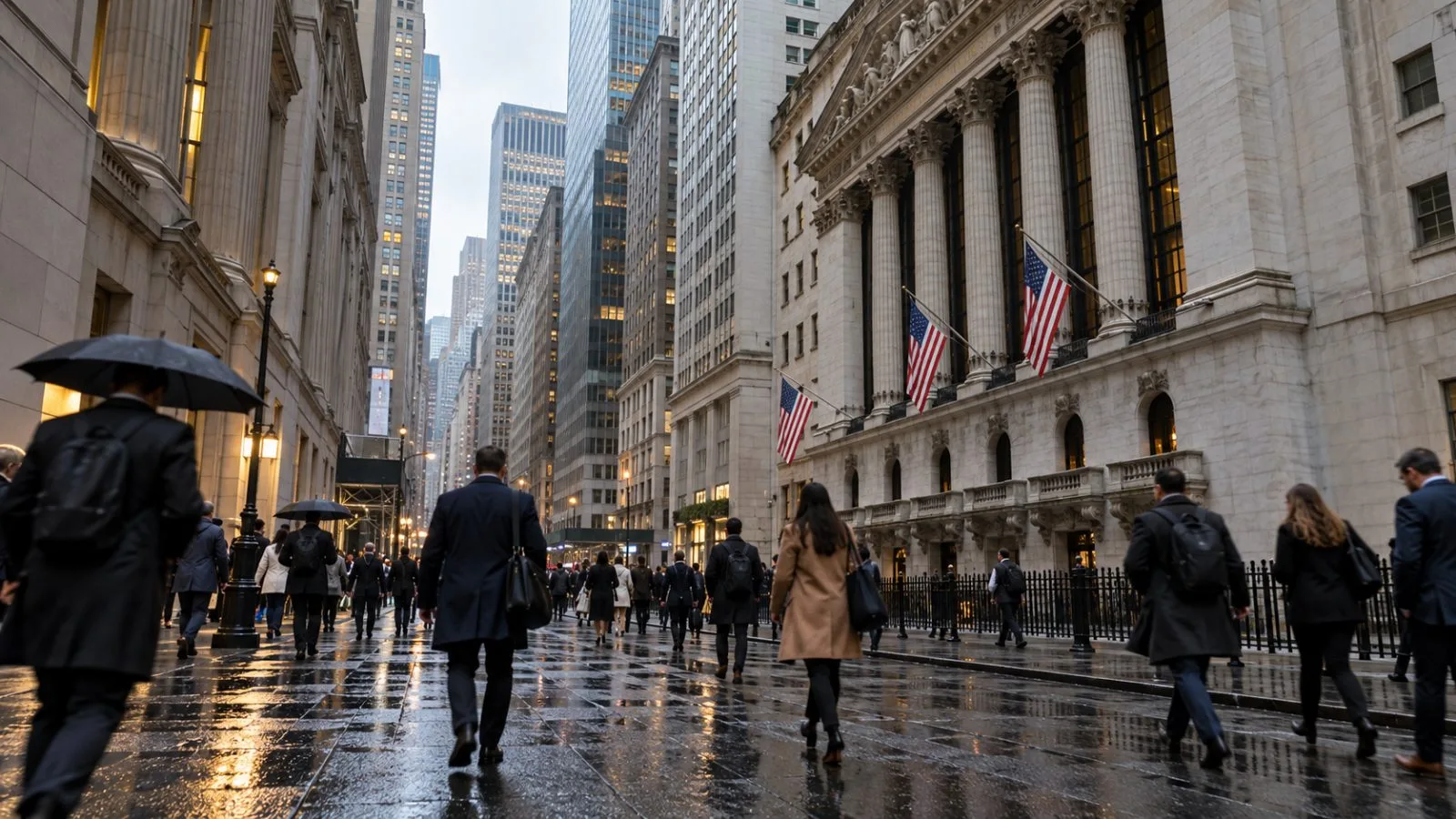 Commuters cross Wall Street between financial district office towers in Manhattan. (AI-generated image / EconoTimes)