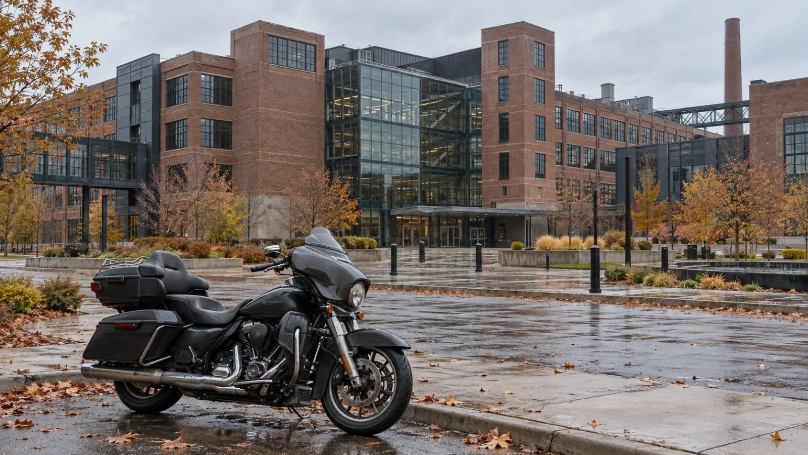 A touring motorcycle is parked outside the corporate headquarters in Milwaukee, Wisconsin. (AI-generated image / EconoTimes)
