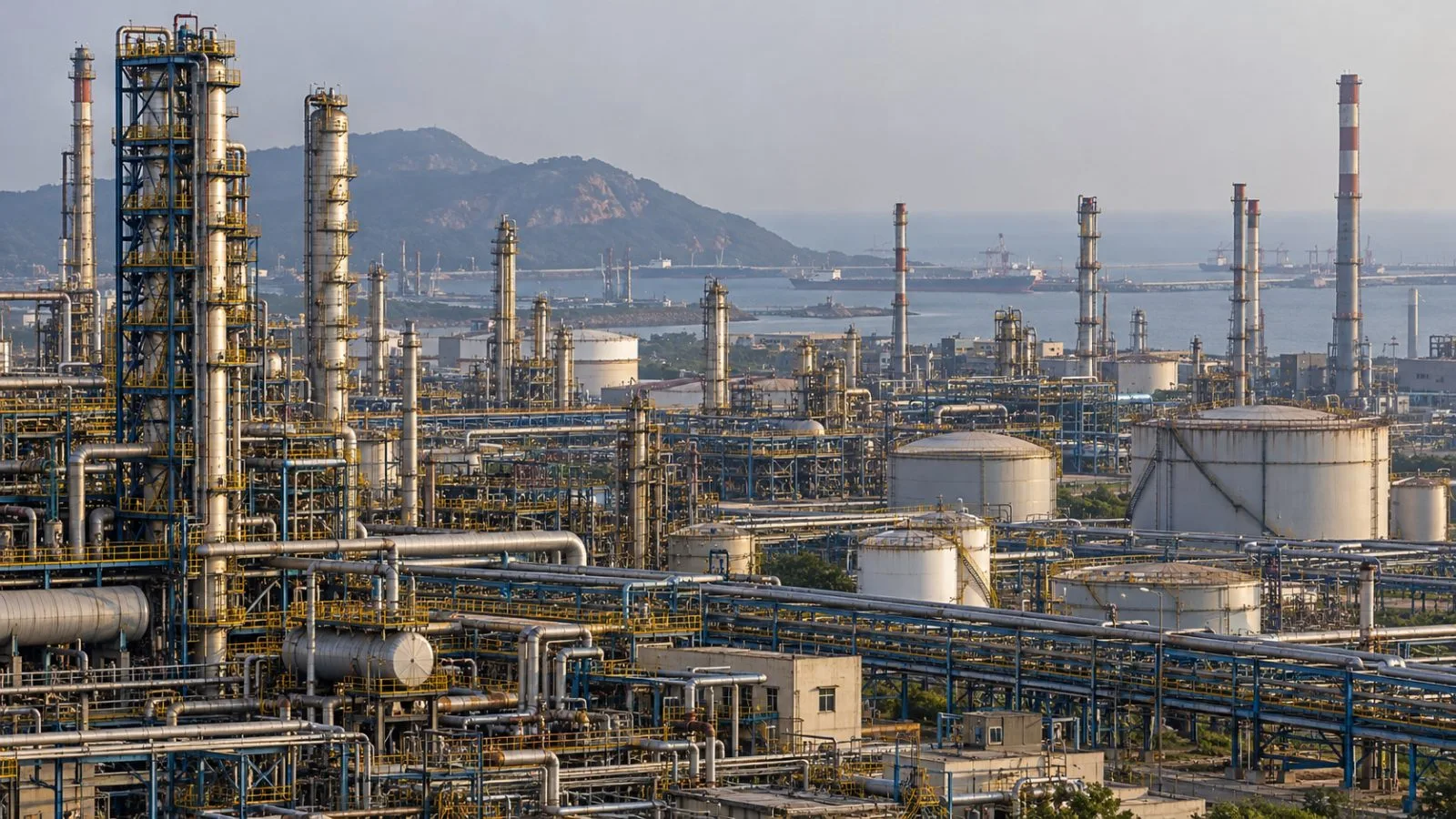 Refinery towers and pipework rise above the HPCL complex in Mahul, Mumbai, India. / EconoTimes.ai