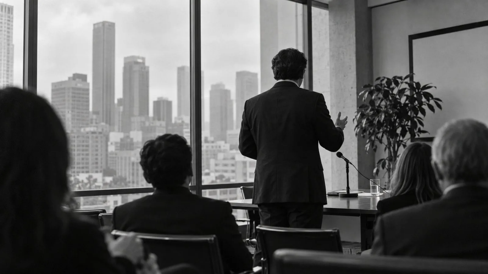 Shareholders face a speaker during a meeting in downtown Los Angeles, California. (AI-generated image / EconoTimes)