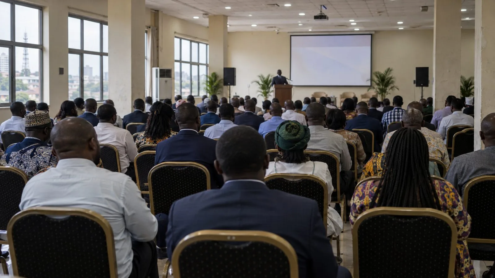 Telecom delegates listen to a speaker during an industry forum in Lagos, Nigeria. (AI-generated image / EconoTimes)