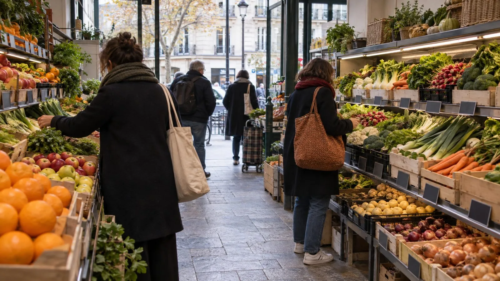 Shoppers compare produce in a neighborhood grocery store in Paris, France. (AI-generated image / EconoTimes)