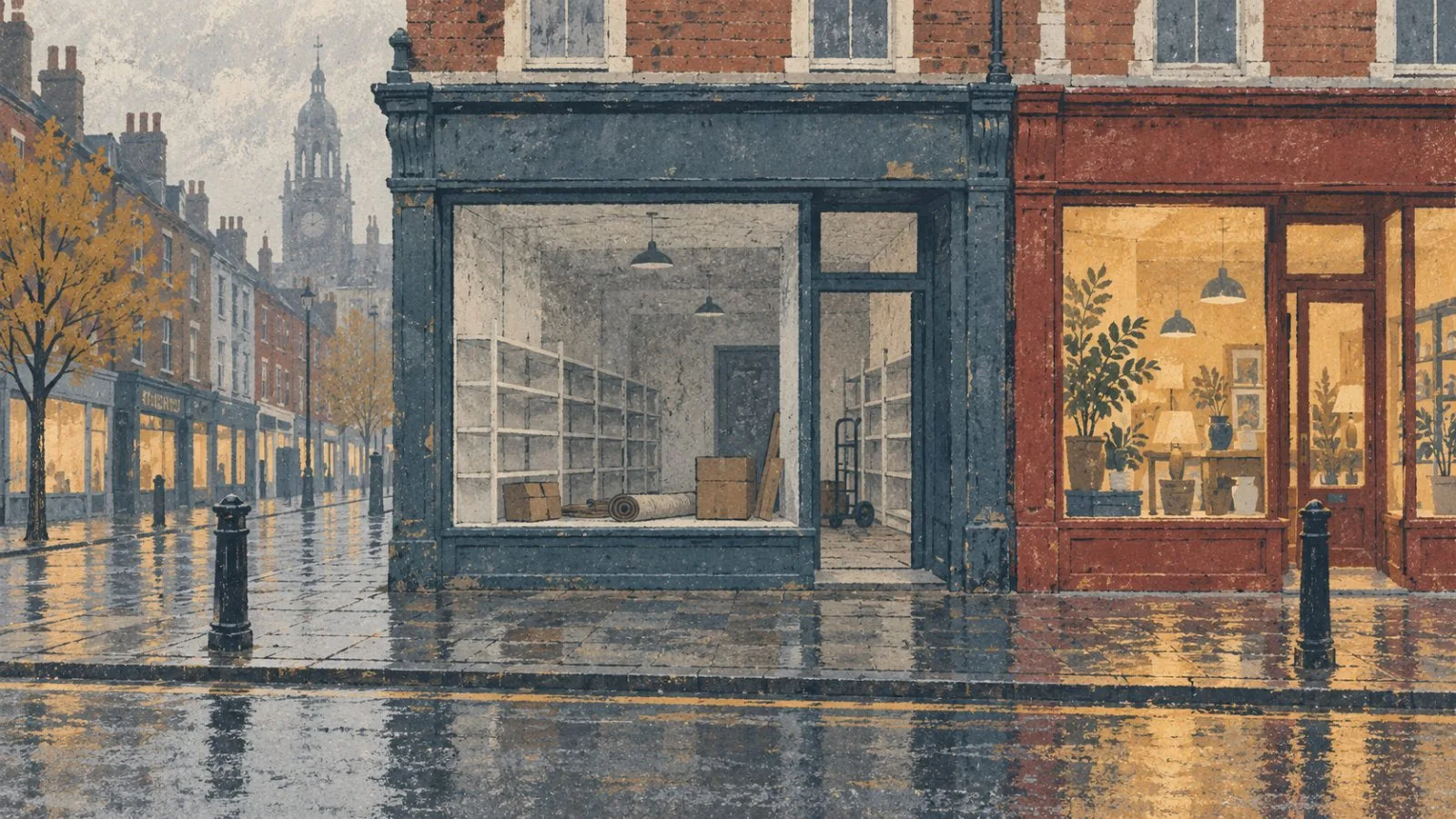 A vacant shopfront stands beside trading businesses on a Birmingham high street. (AI-generated image / EconoTimes)