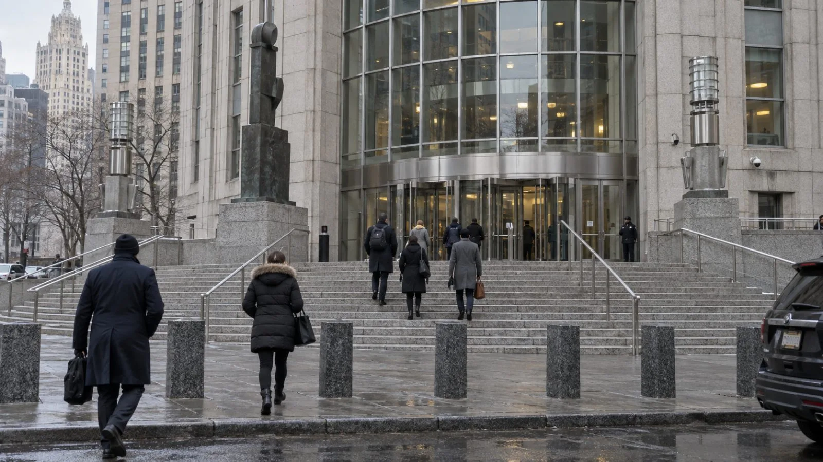 Visitors approach a federal courthouse in Manhattan, New York, beneath an overcast sky. (AI-generated image / EconoTimes)