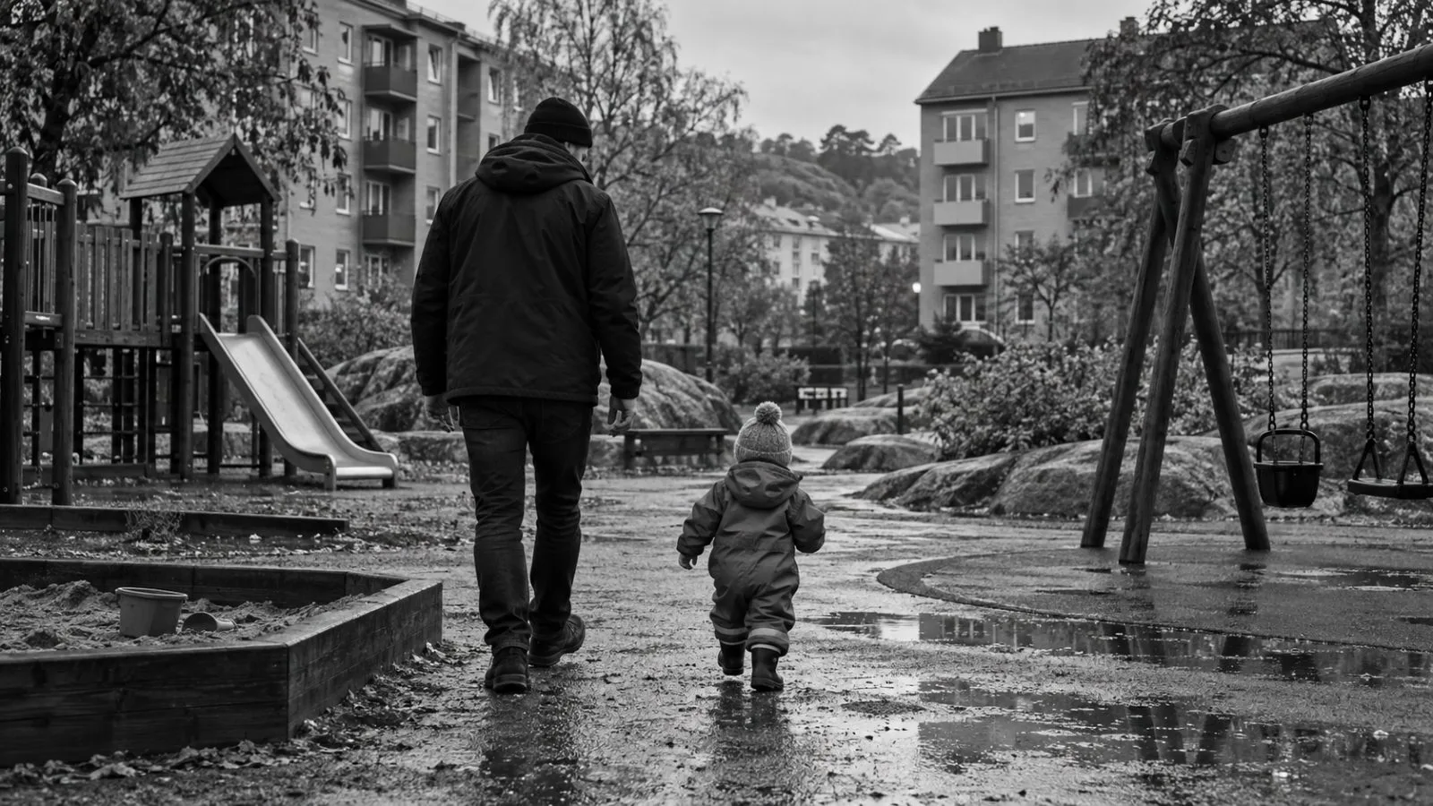 A father walks beside a toddler at a neighborhood playground in Gothenburg, Sweden. (AI-generated image / EconoTimes)