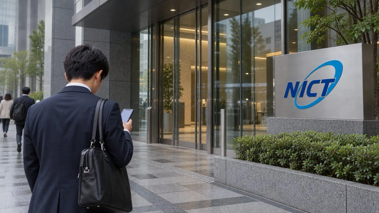 An employee checks a smartphone outside an office tower in Tokyo’s Marunouchi district. / EconoTimes.ai