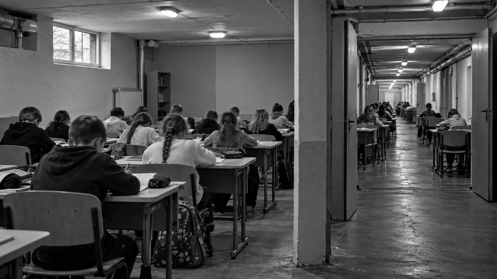 Pupils work at desks in an underground school shelter near Kyiv, Ukraine. (AI-generated image / EconoTimes)