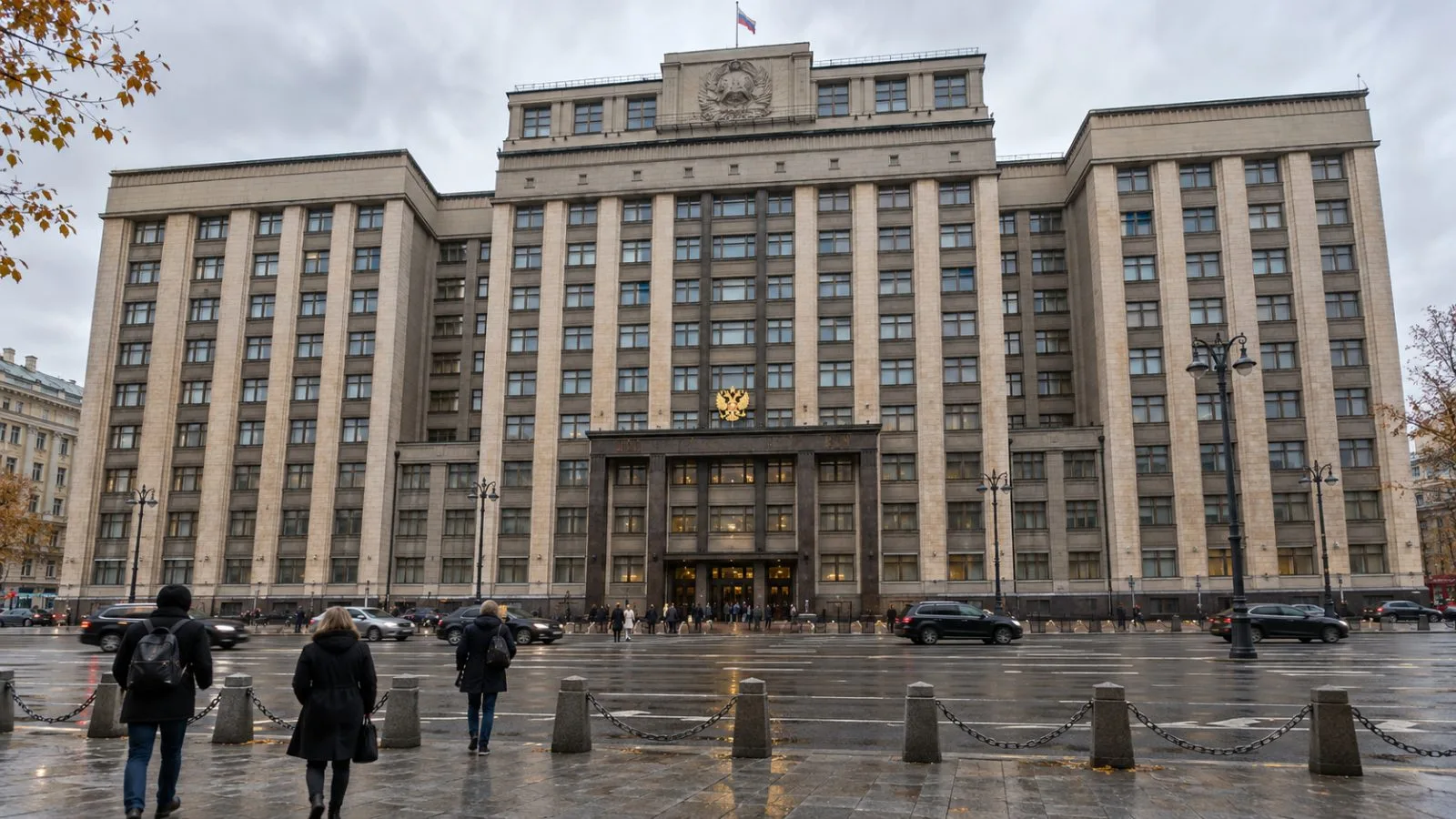 People enter the State Duma building in Moscow under an overcast sky. (AI-generated image / EconoTimes)