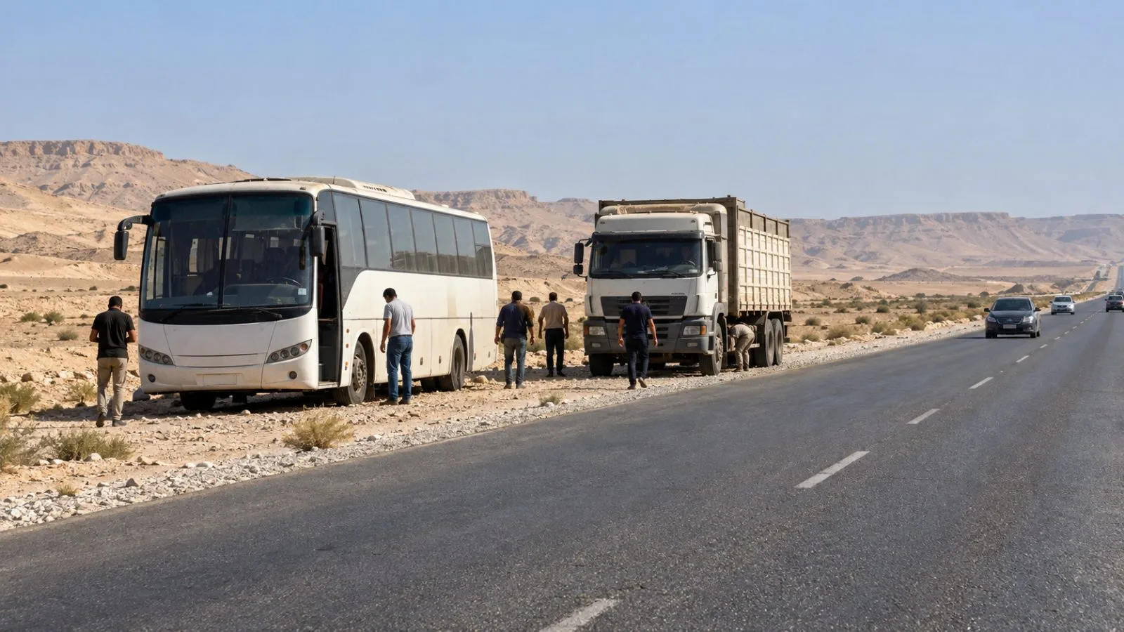 A bus and truck stand beside the Cairo–Asyut Western Desert Road near Faiyum, Egypt. (AI-generated image / EconoTimes)
