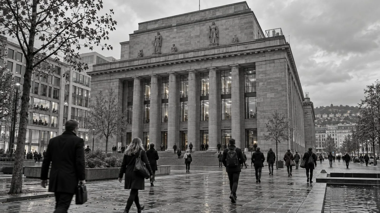 Pedestrians pass the Stuttgart Stock Exchange in Stuttgart, Germany, beneath a gray autumn sky. (AI-generated image / EconoTimes)