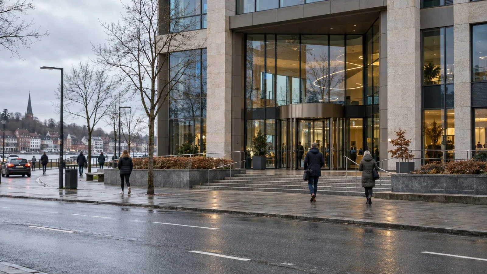 Pedestrians pass Jyske Bank’s headquarters in Silkeborg, Denmark. (AI-generated image / EconoTimes)