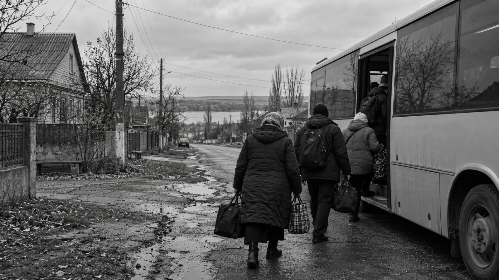 Residents board an evacuation bus on a residential street in Oleshky, Ukraine (AI-generated image / EconoTimes)