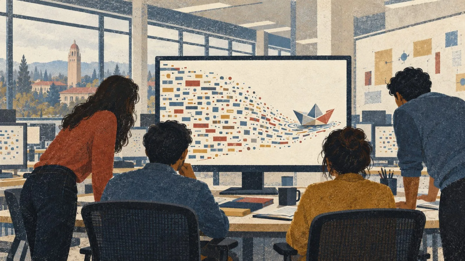 Researchers sit at computer terminals in a Stanford, California, campus lab. (AI-generated image / EconoTimes)
