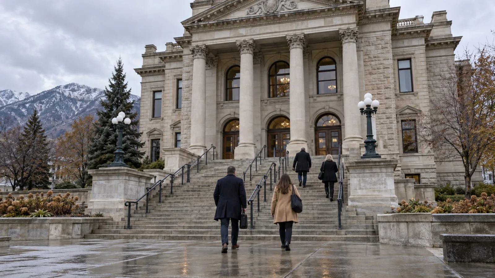 Visitors enter the Utah County courthouse in Provo, Utah, before a hearing. (AI-generated image / EconoTimes)