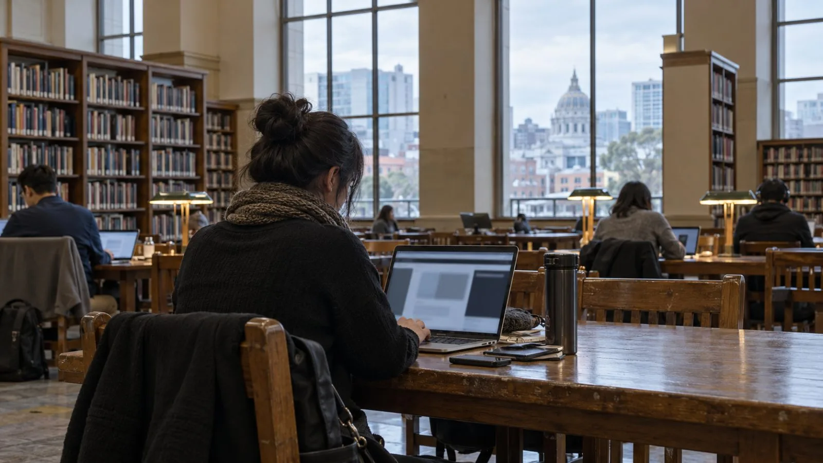 An anonymous reader studies a laptop in a San Francisco public library. (AI-generated image / EconoTimes)
