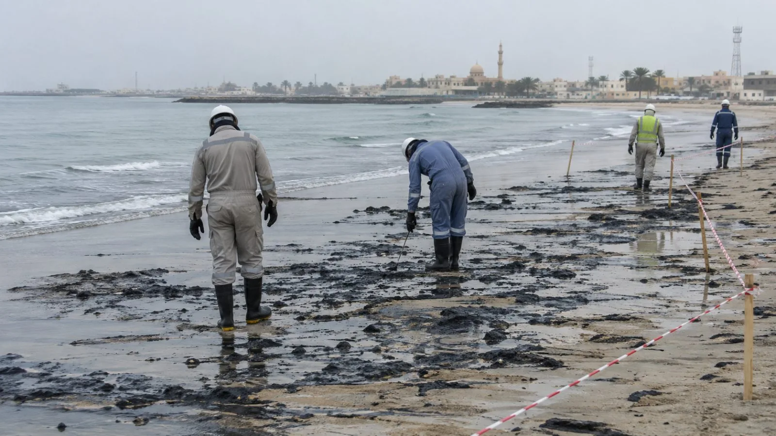 Cleanup workers inspect an affected shoreline in Umm Al Quwain, United Arab Emirates. (AI-generated image / EconoTimes)