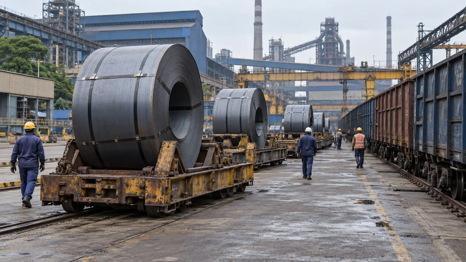 Steel coils await shipment beside freight wagons in Kalinganagar, India. (AI-generated image / EconoTimes)