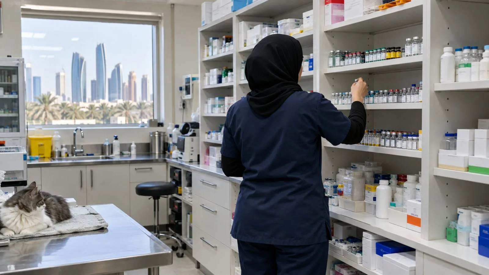 Unmarked veterinary medicines sit on a dispensary shelf at a clinic in Abu Dhabi, United Arab Emirates. / EconoTimes.ai