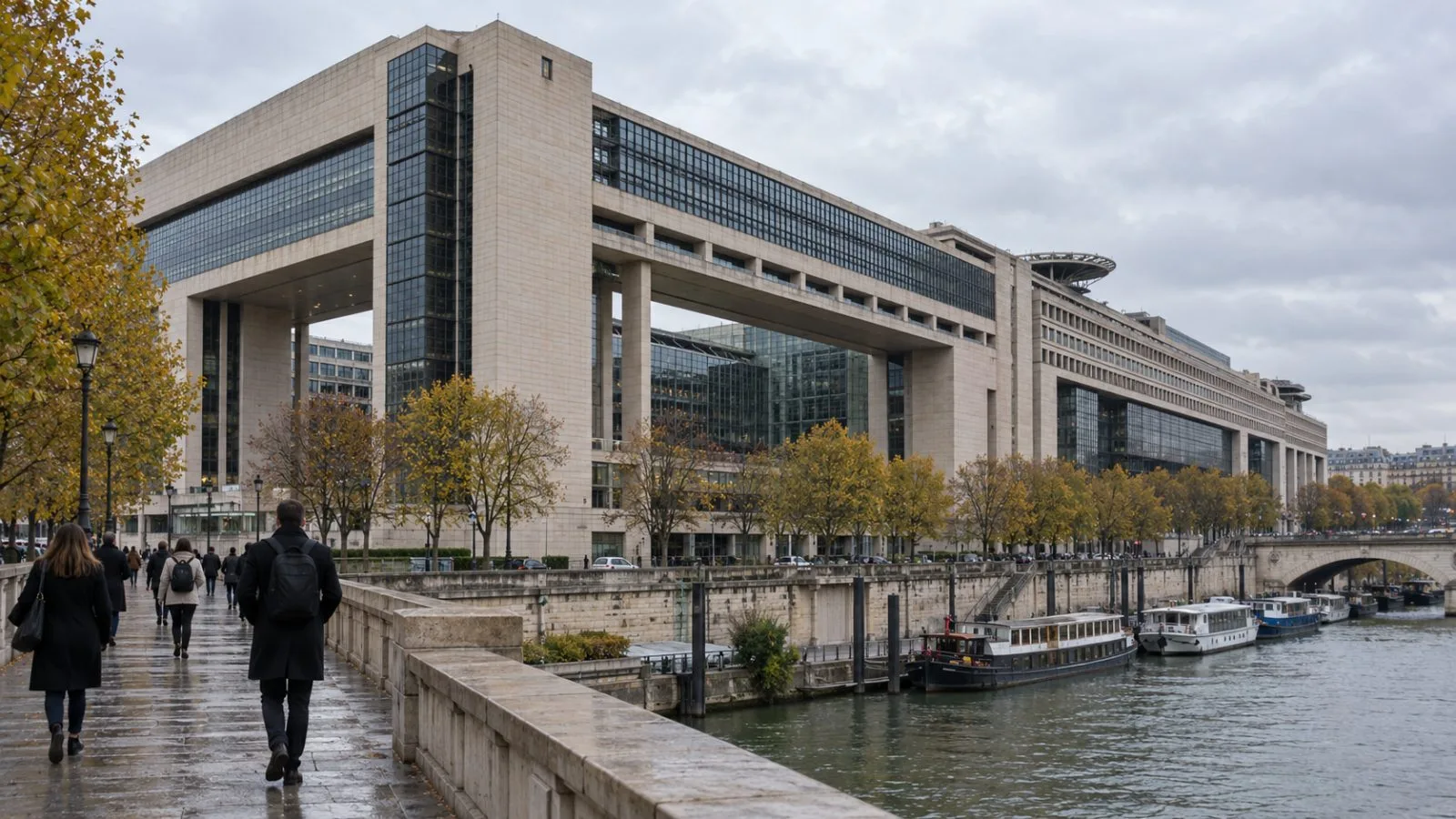 Pedestrians cross outside the French Ministry of Economy and Finance in Paris on an overcast morning. (AI-generated image / EconoTimes)